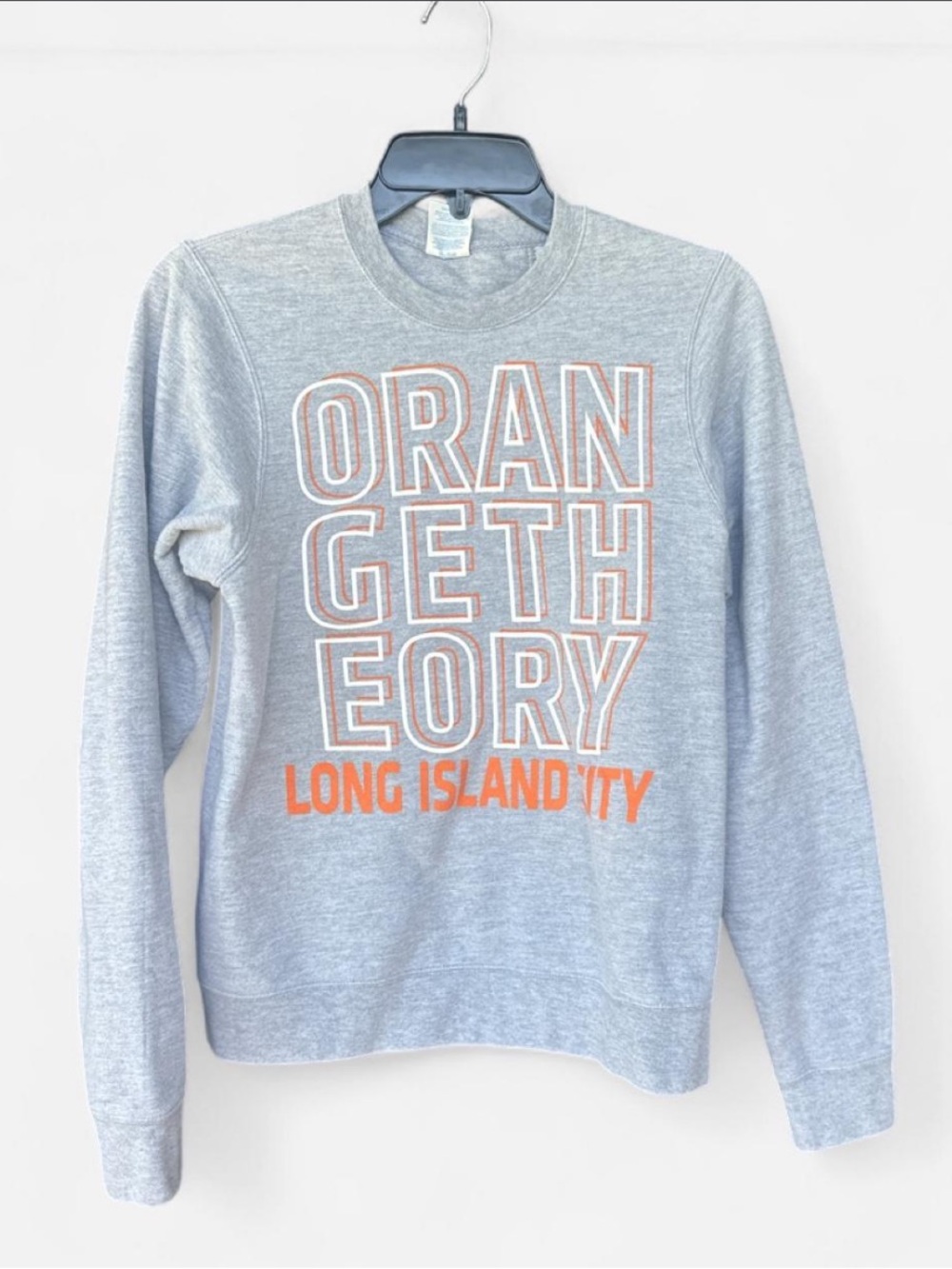 Gray Crewneck Sweater with Orange Theory Graphic Text - Long Island City